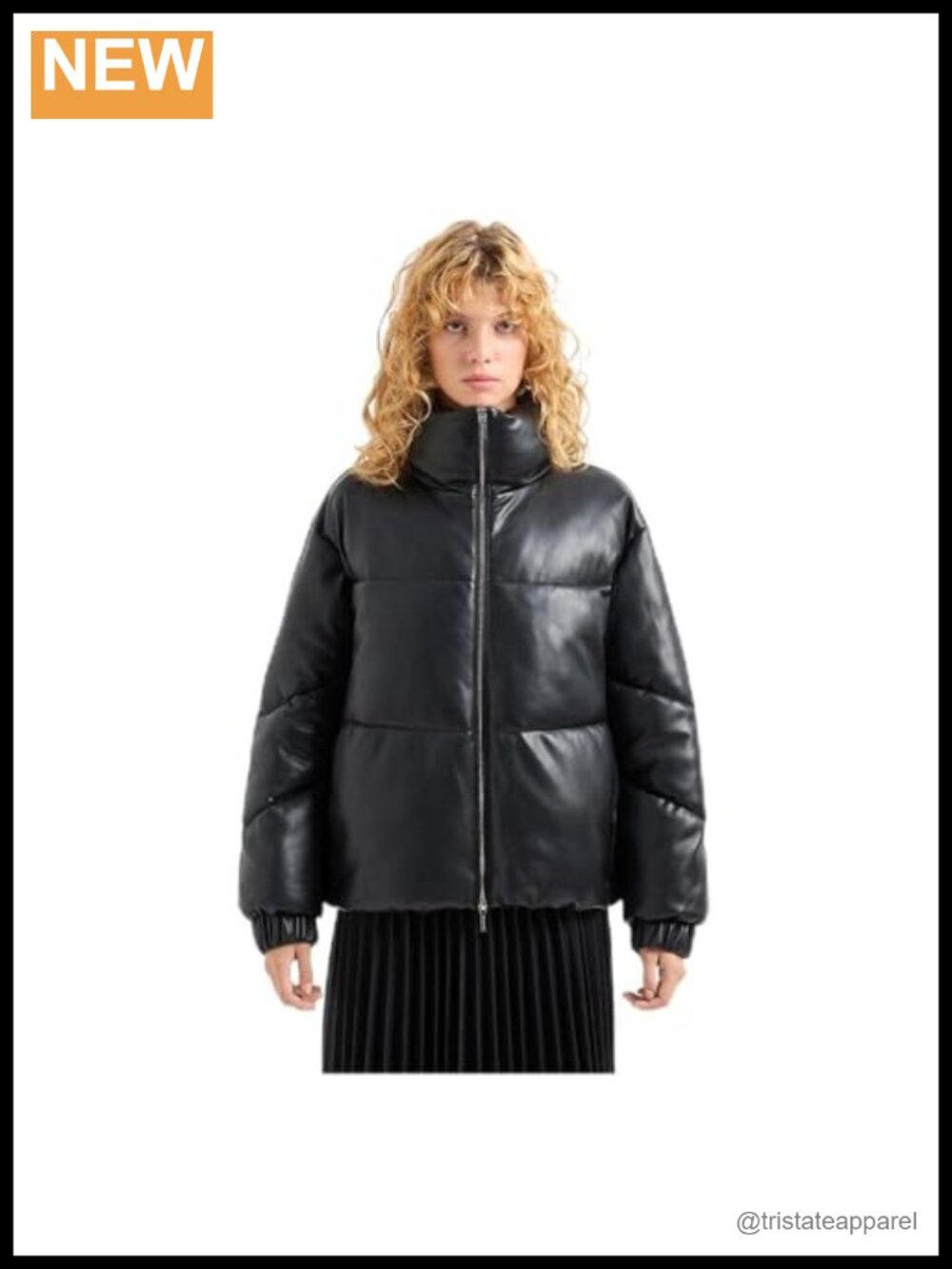 Women's Faux Leather High Collar Puffer Jacket Long Sleeve Zipper